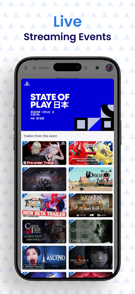 Interface do aplicativo Pocket PSN mostrando eventos de transmissão ao vivo e trailers de jogos do PlayStation State of Play.