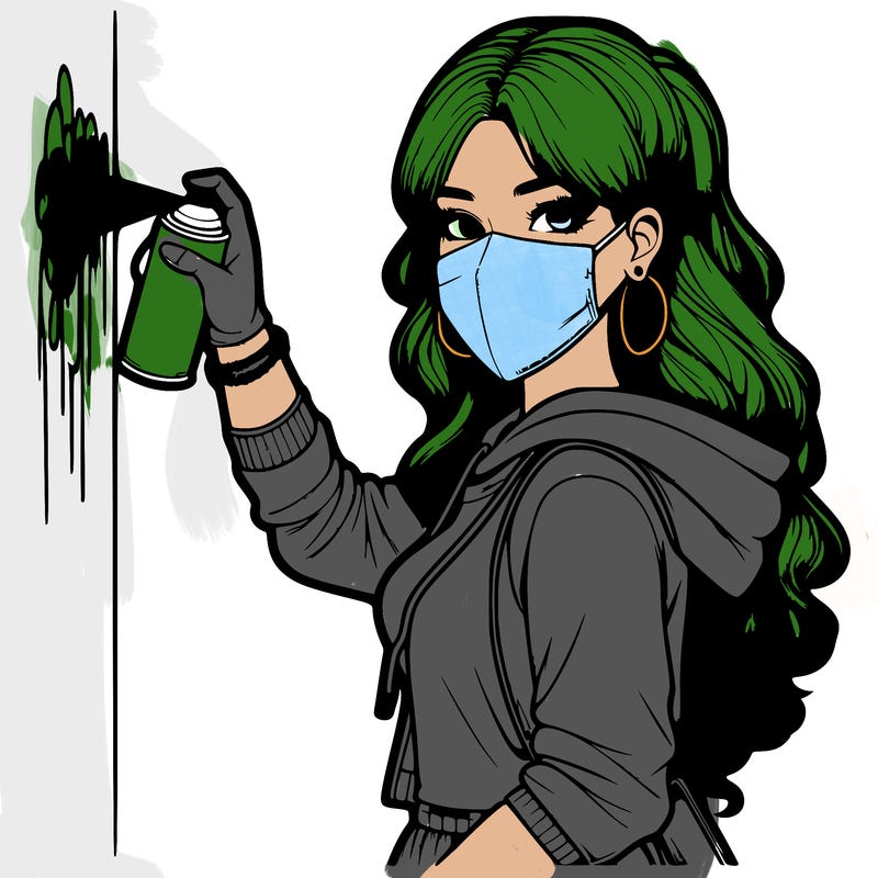 realistic girl with mask spray painting a wall