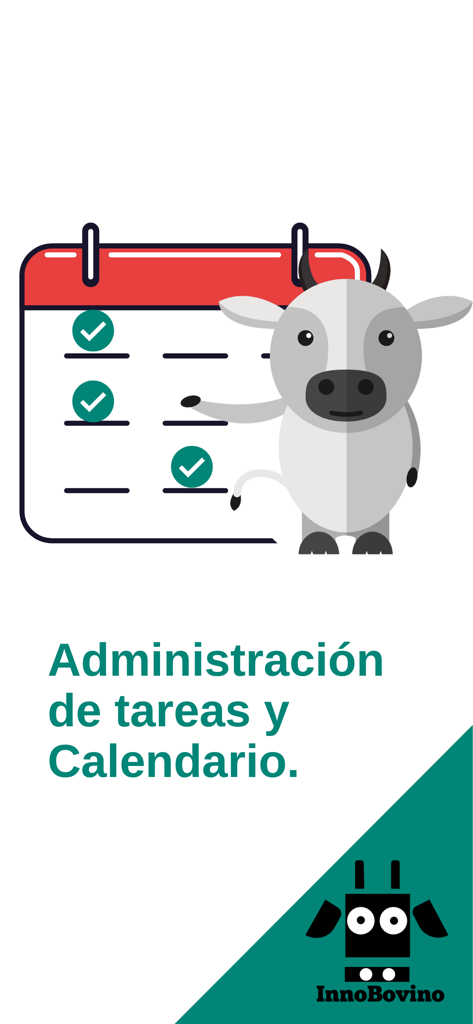 Vaca animada señalando un calendario para la administracion de tareas en la app InnoBovino