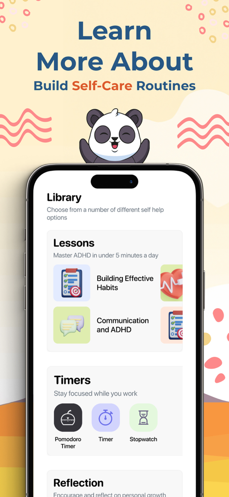Cub: Self Care Pet & Focus - Mobile interface of Cub app showing self-care lessons for ADHD and productivity timers with a cute panda character.