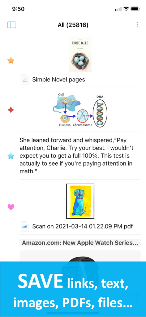 Interface showing saved links, text, images, and PDFs in Copy Em app.