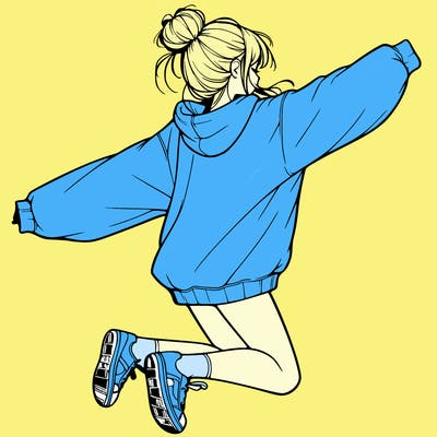 realistic girl jumping with a bun and oversized sweatshirt