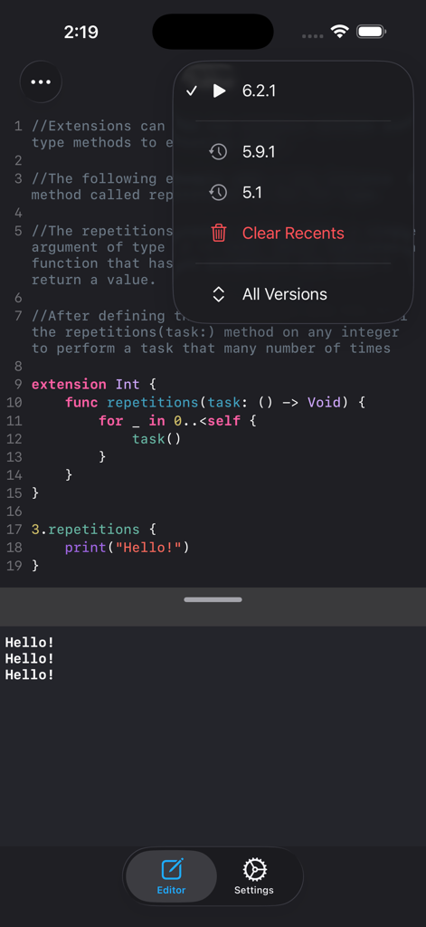 Swifty Compiler: Swift IDE - Swifty Compiler code editor with a Swift version selection menu and console output.