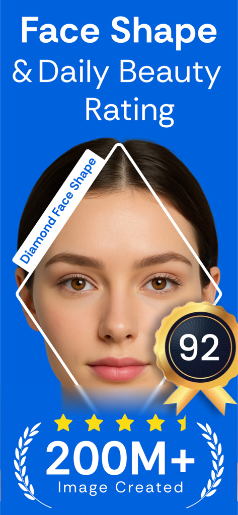 Face Shape Analyzer - Hair AI - Interface de aplicativo móvel mostrando análise de formato de rosto diamante e pontuação de beleza de 92