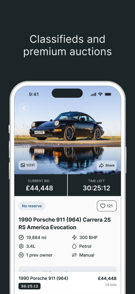 PistonHeads mobile app showing a premium Porsche 911 auction listing with technical specifications and bidding details