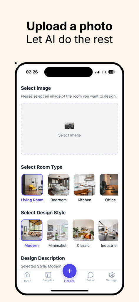 AI Interior Design - Decor - AI Interior Design app screen for selecting room type and design style