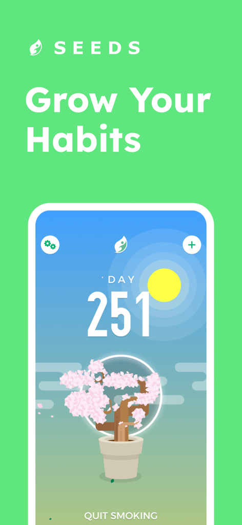 SEEDS - Habit Tracker - SEEDS app interface showing a 251 day habit streak with a blooming virtual cherry blossom tree for quitting smoking