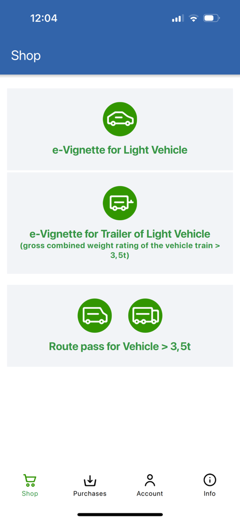 BGTOLL mobile app shop interface for purchasing Bulgarian road vignettes and route passes