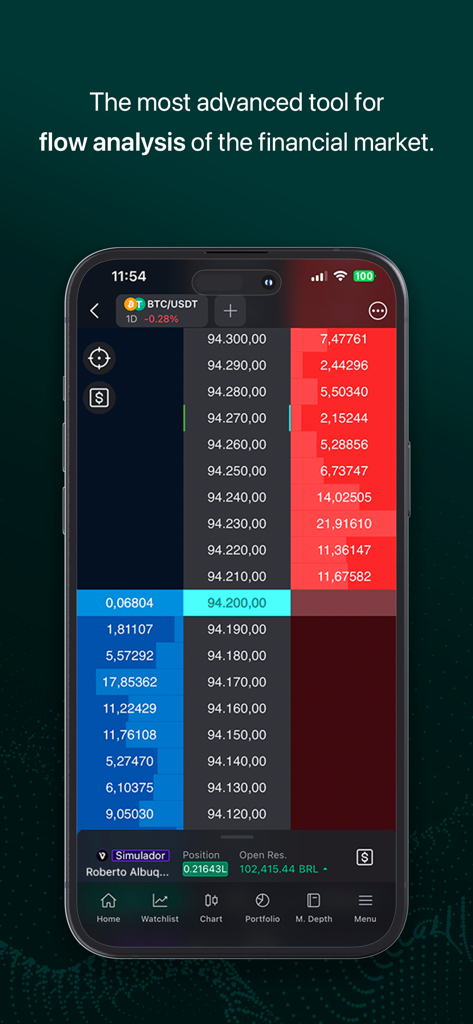 Vector Nelogica - Vector Nelogica app displaying a professional BTC USDT crypto order book for market flow analysis on a mobile device