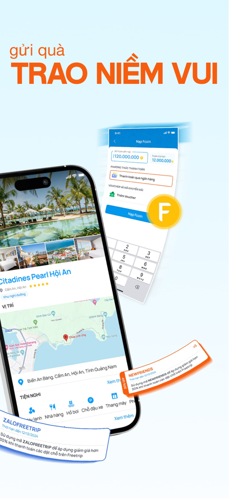 Freetrip - Freetrip mobile app interface showing a hotel booking page with location map and discount vouchers