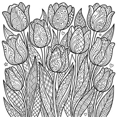 Unleash your creativity with this exquisite Zentangle coloring page featuring a bountiful garden of purple tulips. Each flower and leaf is adorned with unique, intricate patterns, promising hours of engaging and calming artistic expression.