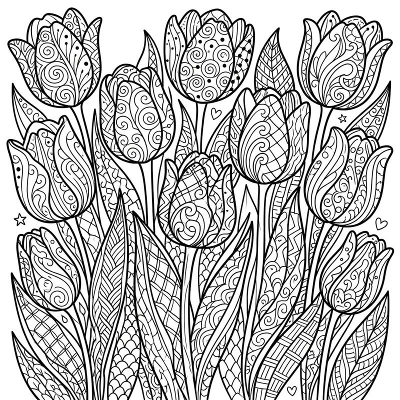 Unleash your creativity with this exquisite Zentangle coloring page featuring a bountiful garden of purple tulips. Each flower and leaf is adorned with unique, intricate patterns, promising hours of engaging and calming artistic expression.
