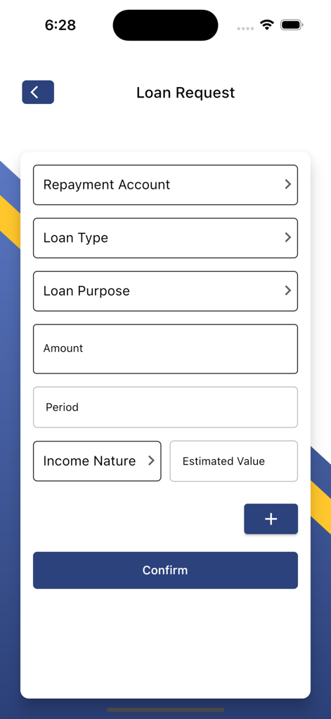 TrustBank PLC - TrustBank PLC mobile app loan request form with input fields and confirm button
