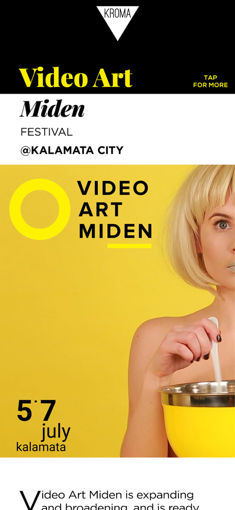 KROMA Magazine - KROMA Magazine app screen showcasing the Video Art Miden festival in Kalamata City