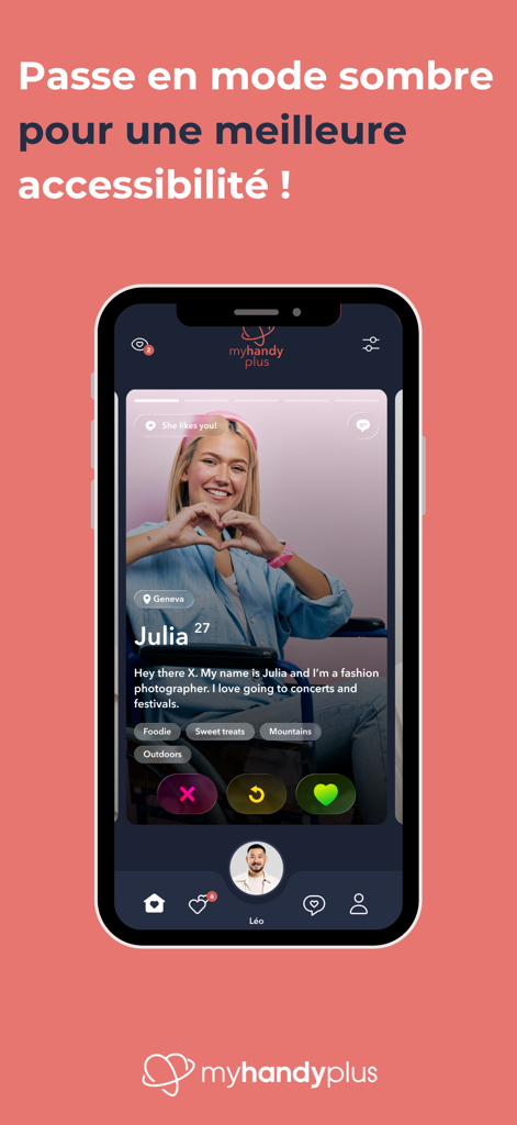 MyHandyPlus - MyHandyPlus inclusive dating app interface in dark mode showing a user profile of a woman in a wheelchair.