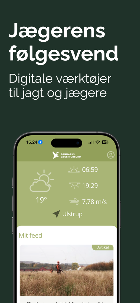 Jæger - Interface do aplicativo de caça Jæger mostrando ferramentas de clima e feed de notícias