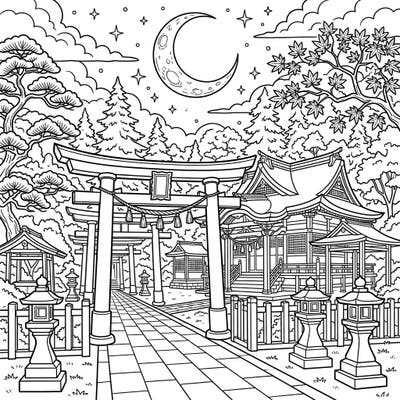 Step into a serene Japanese night with this intricate coloring page featuring traditional Shinto shrines. Discover peace as you bring this moonlit scene to life with your favorite colors.