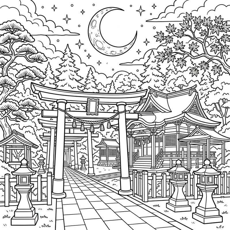 Step into a serene Japanese night with this intricate coloring page featuring traditional Shinto shrines. Discover peace as you bring this moonlit scene to life with your favorite colors.