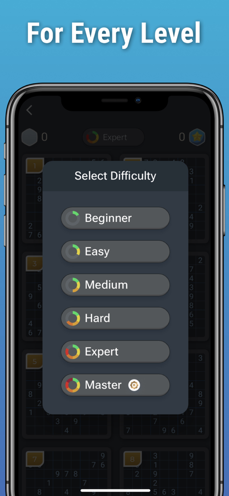 Sudoku by Logic Wiz - A smartphone showing the difficulty selection menu for Sudoku by Logic Wiz with levels from Beginner to Master
