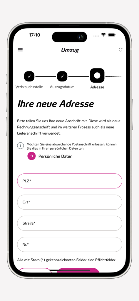Meine Süwag - A mobile screen from the Meine Suewag app for entering a new address during a relocation process.