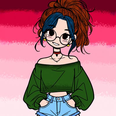 girl with a messy ponytail glasses a baggy crop top and jean shorts