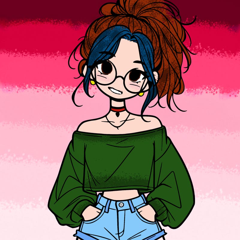 girl with a messy ponytail glasses a baggy crop top and jean shorts