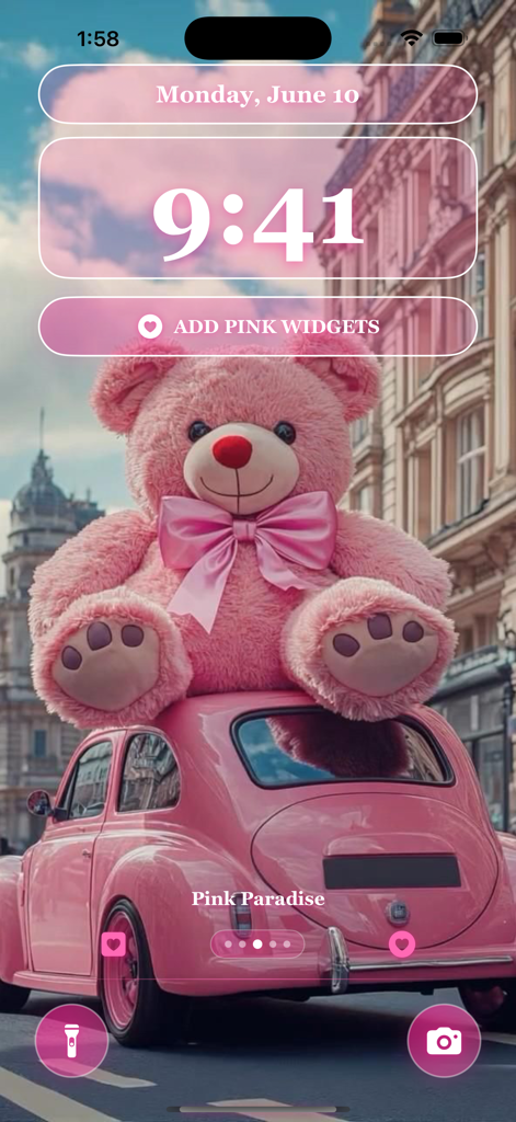 Aesthetic pink lock screen featuring a giant pink teddy bear sitting on a vintage car