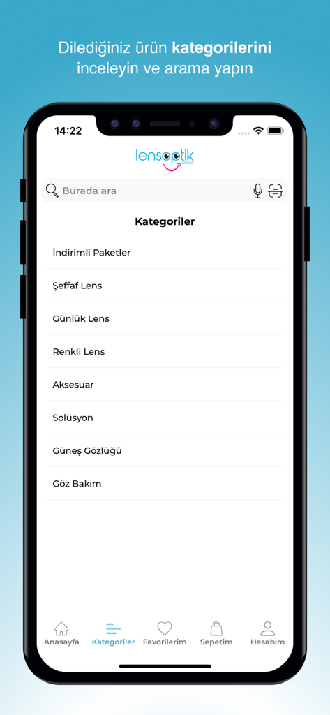 Lensoptik.com - Mobile app screen showing shopping categories for contact lenses including clear daily and colored options