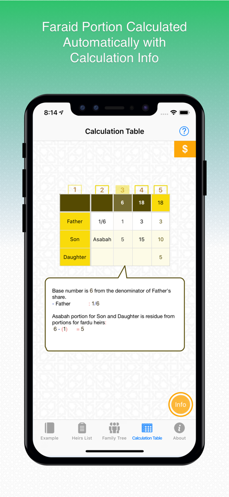 iFaraid Calculator - A mobile screenshot of the iFaraid Calculator app showing an automated Islamic inheritance calculation table with detailed explanations for heirs like father, son, and daughter.