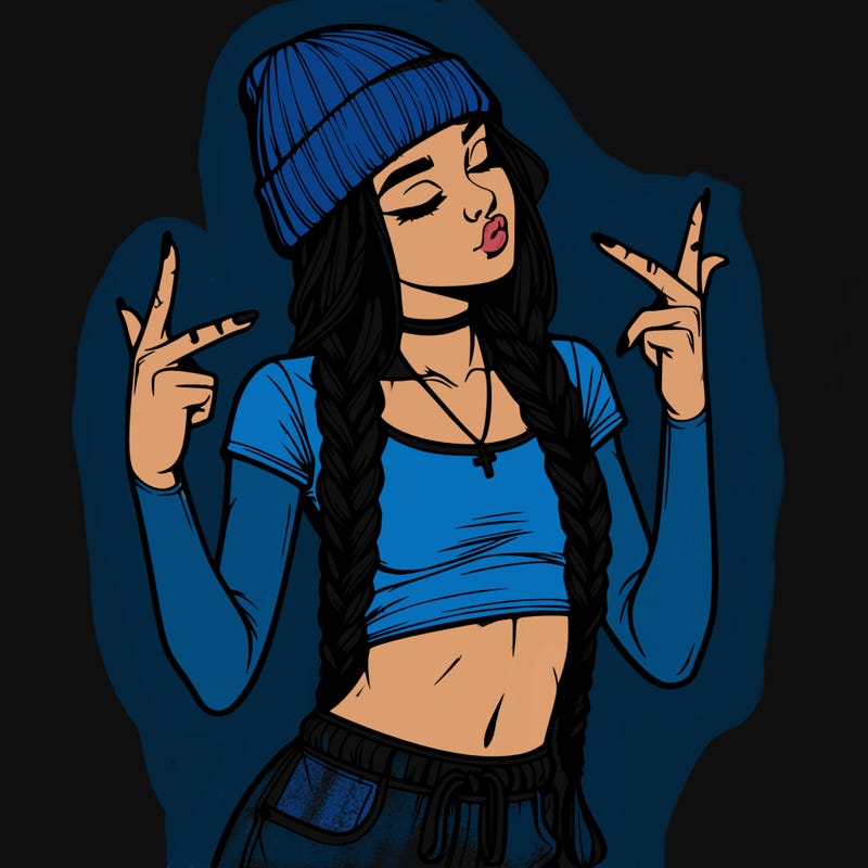 realistic teenage girl with braids and a beanie and crop top doing 🫶🏼