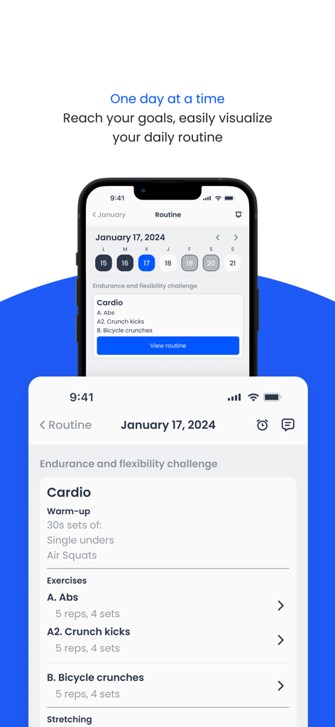 Spot Me - A mobile app interface from Spot Me displaying a daily workout routine with abs and cardio exercises
