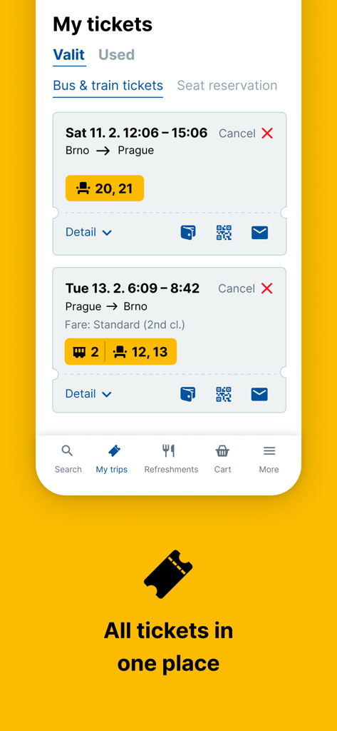 RegioJet mobile app screen showing digital bus and train tickets with travel details