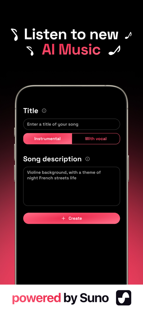 Muza AI: AI Song & Music - Muza AI music generator app screen showing options to create instrumental or vocal songs from text prompts