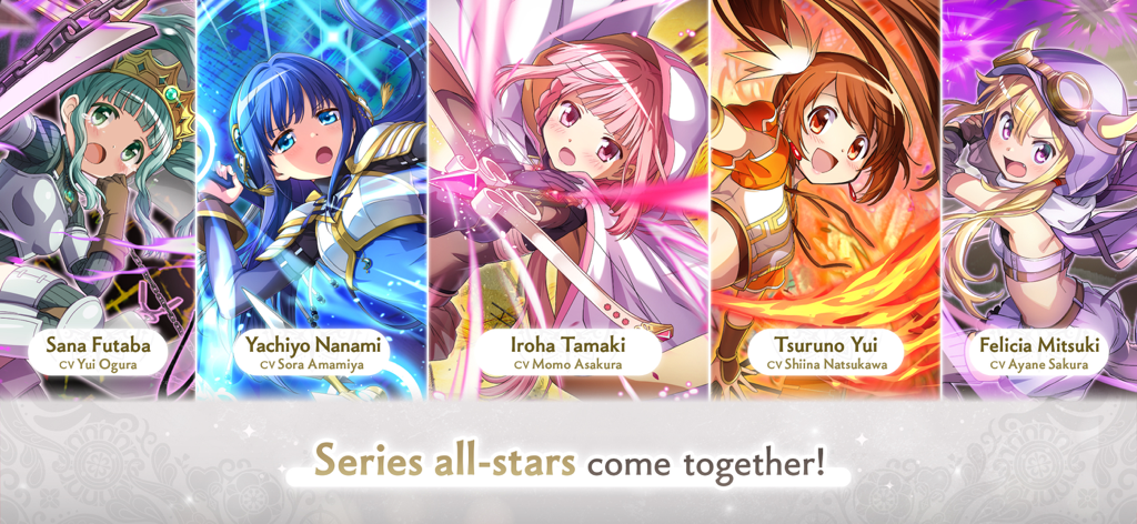 Madoka Magica Magia Exedra - Uma colagem de cinco garotas mágicas de Madoka Magica Magia Exedra incluindo Iroha Tamaki e Yachiyo Nanami com o texto 'Series all-stars come together.'