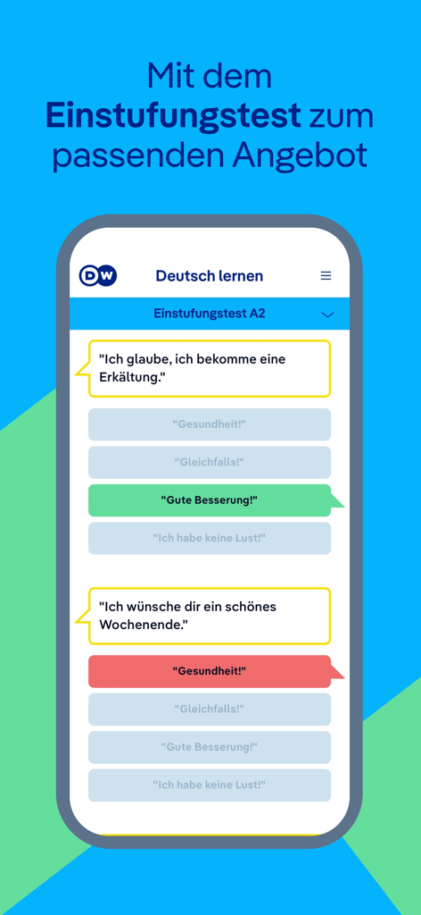 Interfaz de la aplicación DW Learn German mostrando una prueba de nivel A2 con retroalimentación de respuestas correctas e incorrectas