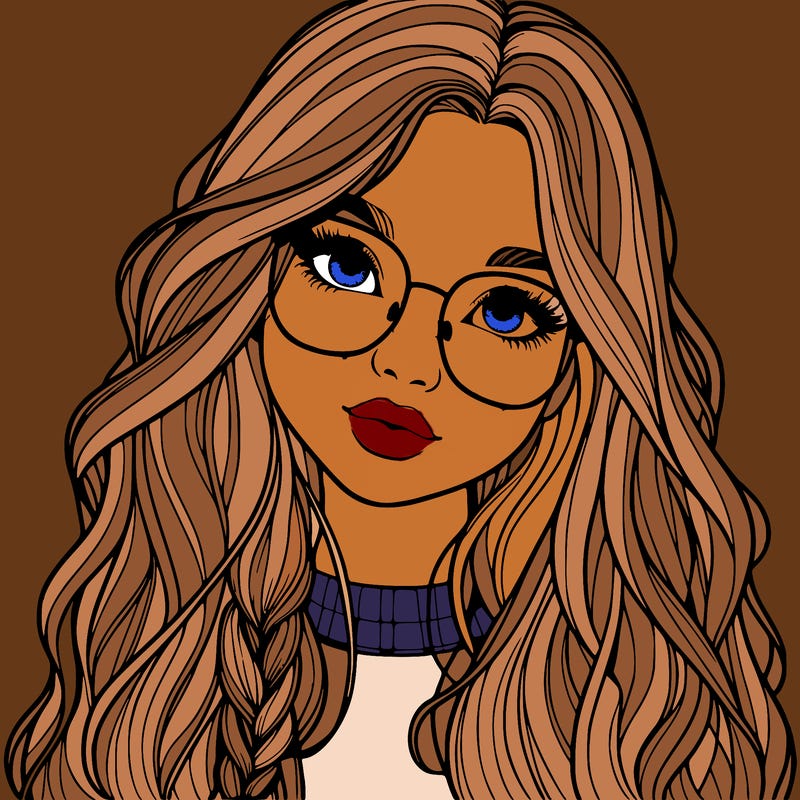 girl with long hair and freckles and glasses realistic