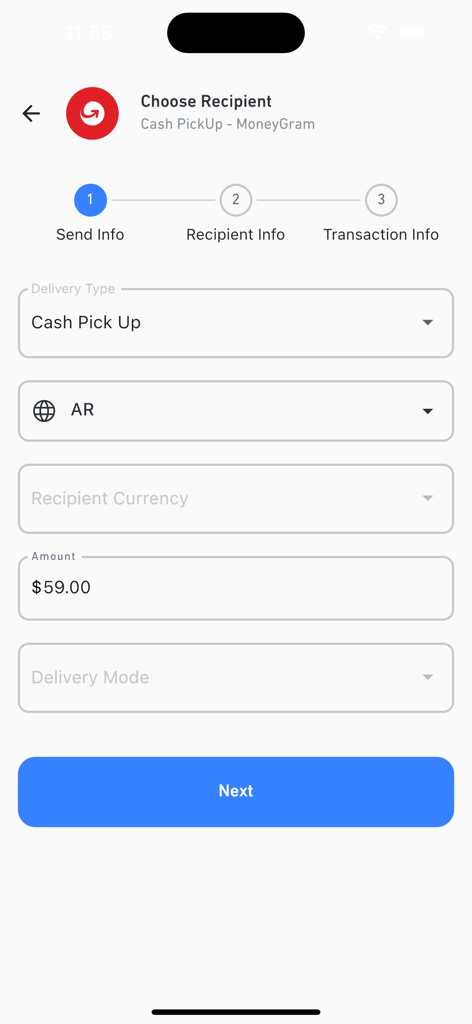 ShipMoney mobile app interface for entering money transfer details and selecting cash pickup