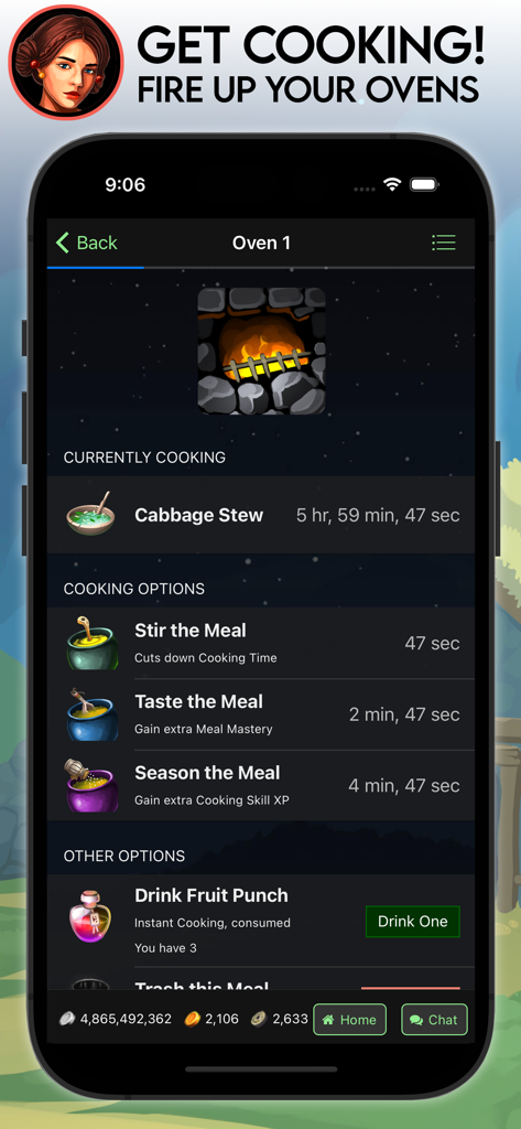 Farm RPG: Semi-Idle MMORPG - Il menu di cucina di Farm RPG che mostra la preparazione dello stufato di cavoli e le opzioni di maestria dei pasti