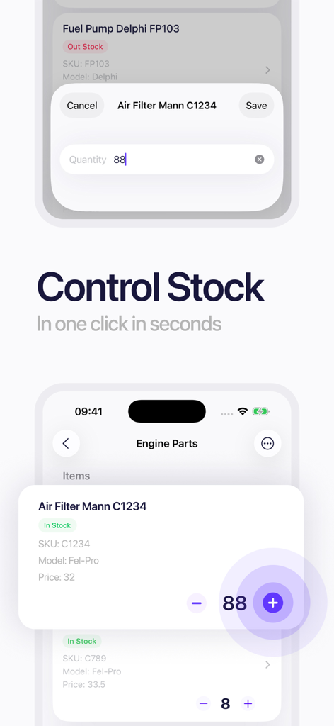 Inventory Tracker - Sklad - Interface of Sklad app showing stock control and quantity adjustment for inventory items.