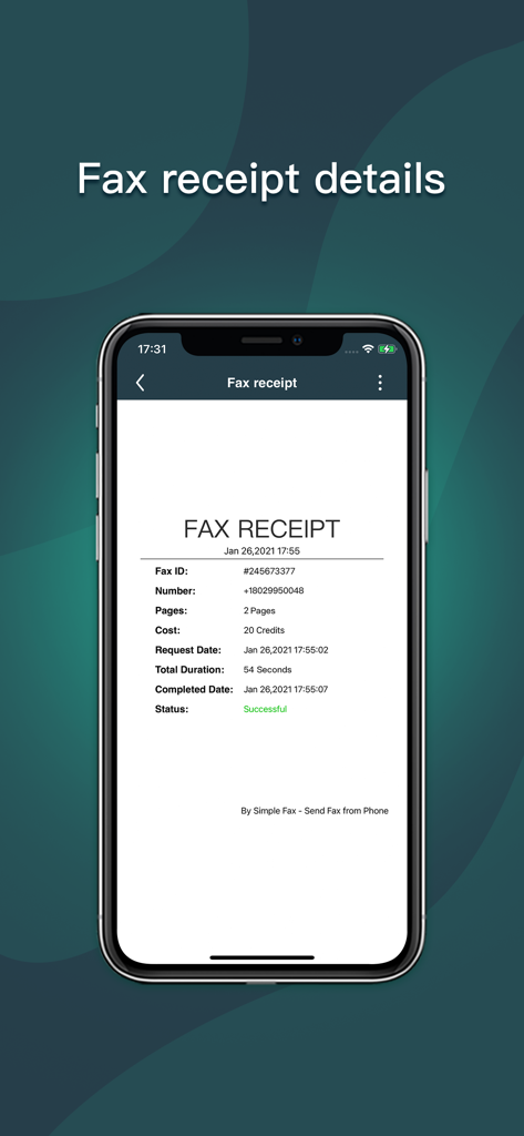 iPhoneで正常に送信されたFAXの詳細な確認レシートを示すSimple Faxモバイルアプリのスクリーンショット。