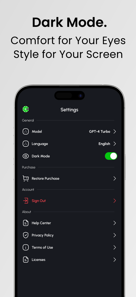 Citrus AI app settings interface displaying dark mode and AI model selection on an iPhone.