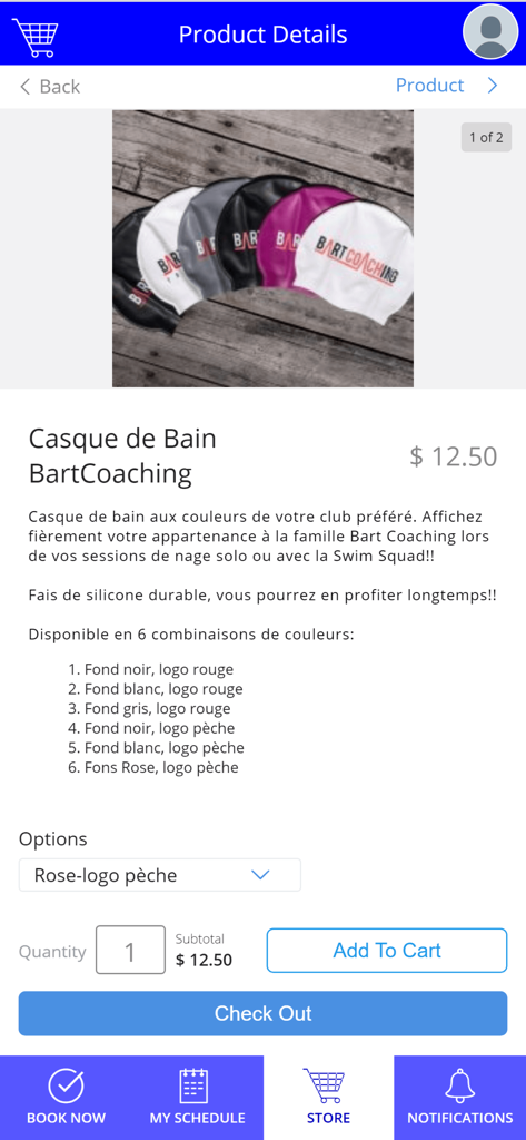 Bart Coaching - Product detail screen in the Bart Coaching app displaying branded silicone swim caps for triathlon training.