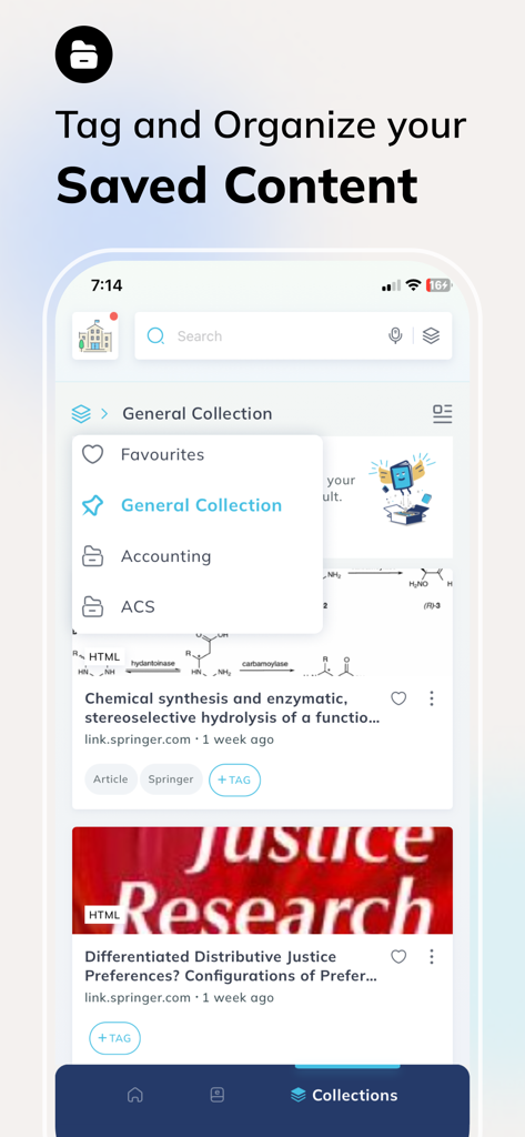 Interface of the MyLOFT app showing how to tag and organize saved research articles into custom library collections