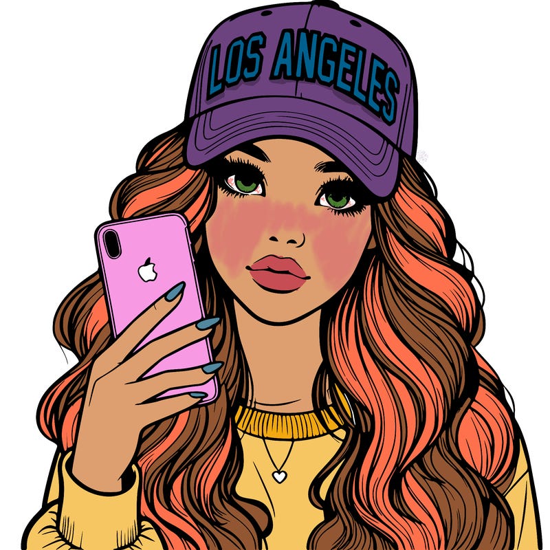 realistic beautiful girl wearing los ángeles cap holding an iphone