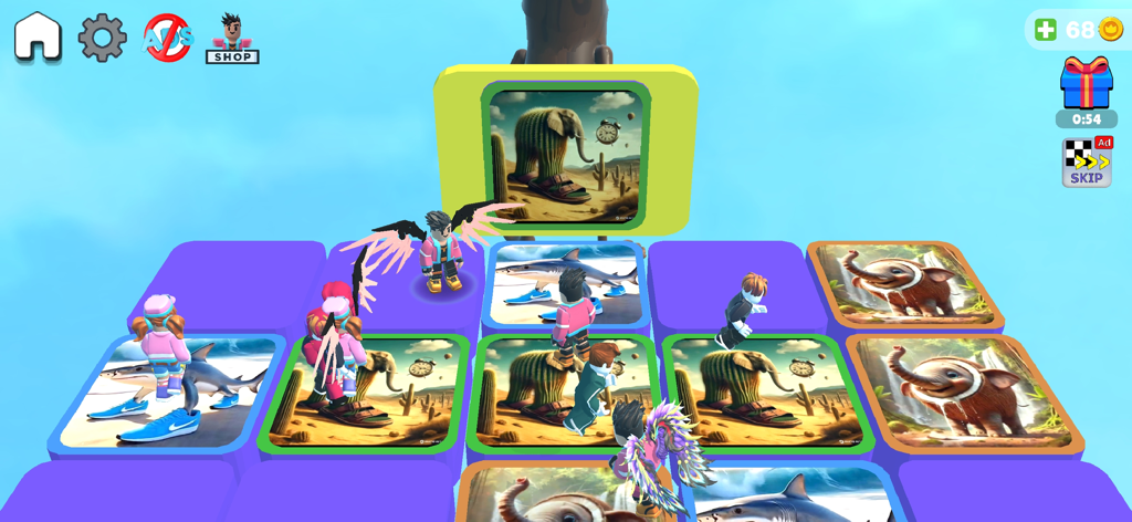 Obby Parkour Games Escape slap - Gameplay de parkour en 3D que muestra personajes saltando sobre plataformas con imágenes de memes surrealistas.