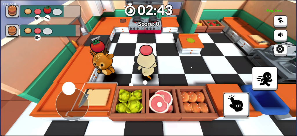kitchen Together 2 - Two cute animal chefs preparing food in a colorful kitchen during a multiplayer session of Kitchen Together 2.