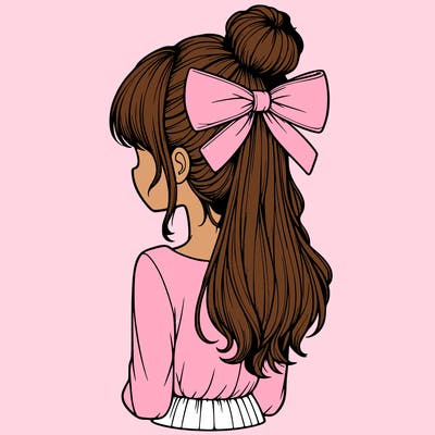 realistic girl  with hip length hair a bun and a big bow on the back of head