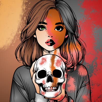 realistic girl holding a skull