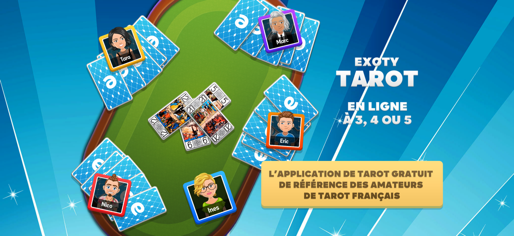 Interface de jeu de cartes Tarot français multijoueur avec avatars de joueurs