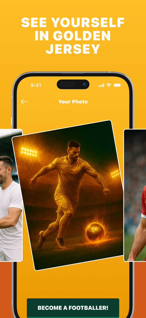 輝くゴールデンのジャージを着たAI生成のサッカー選手と、スタジアムのフィールドに輝くゴールデンボールが表示されたモバイルアプリのスクリーンショット